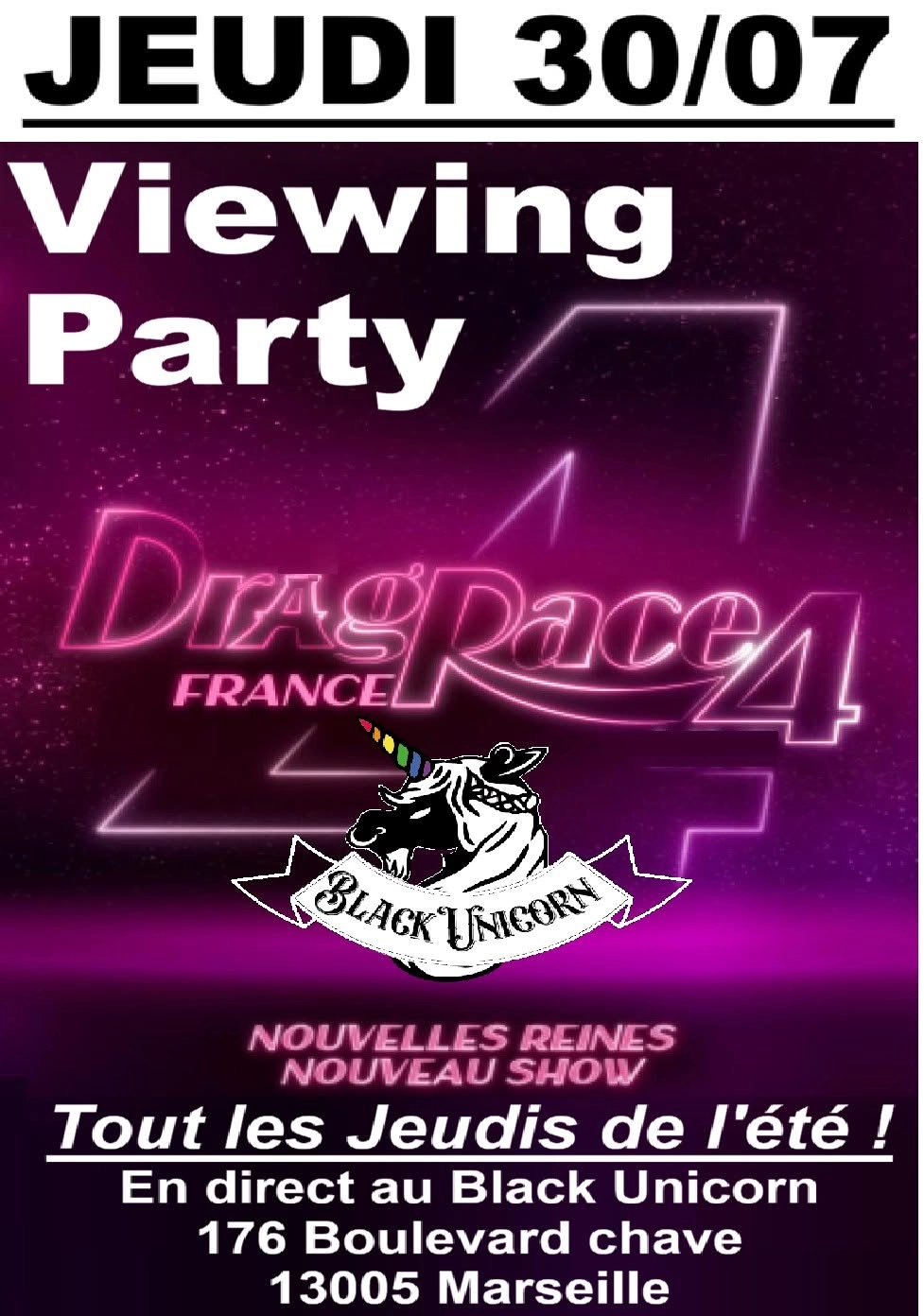 👑" Viewing Party de la nouvelle saison de Drag Race !" 🌈 au Black Unicorn 🦄